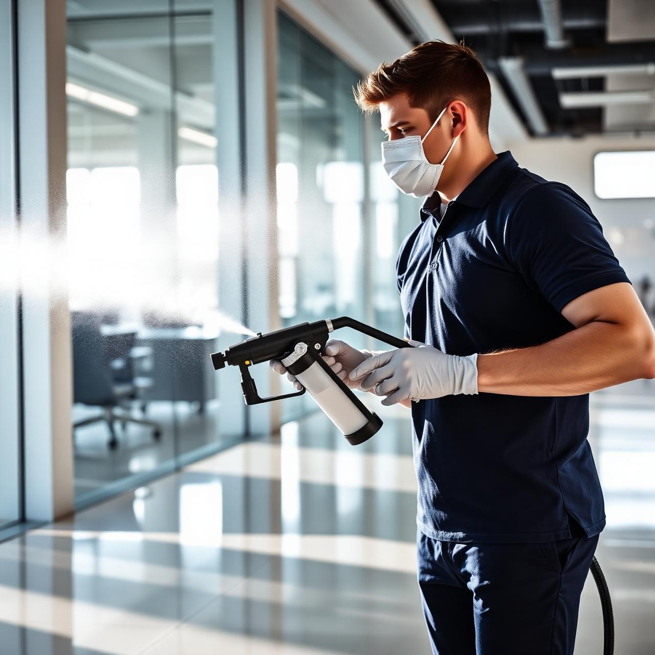 Technician using an electrostatic fogger to disinfect a bright office space