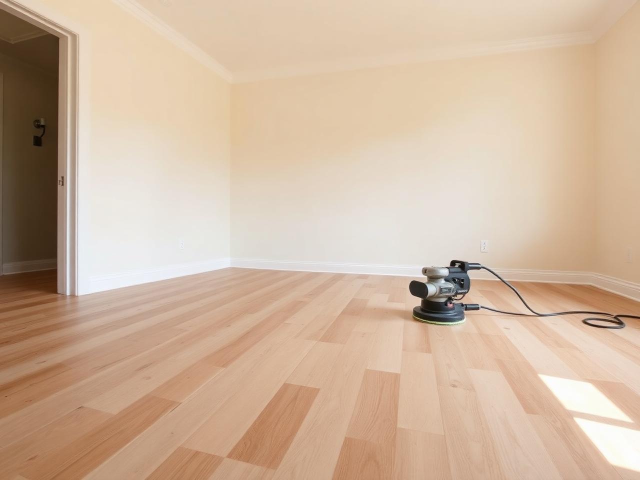 Hardwood floor being refinished to a polished shine