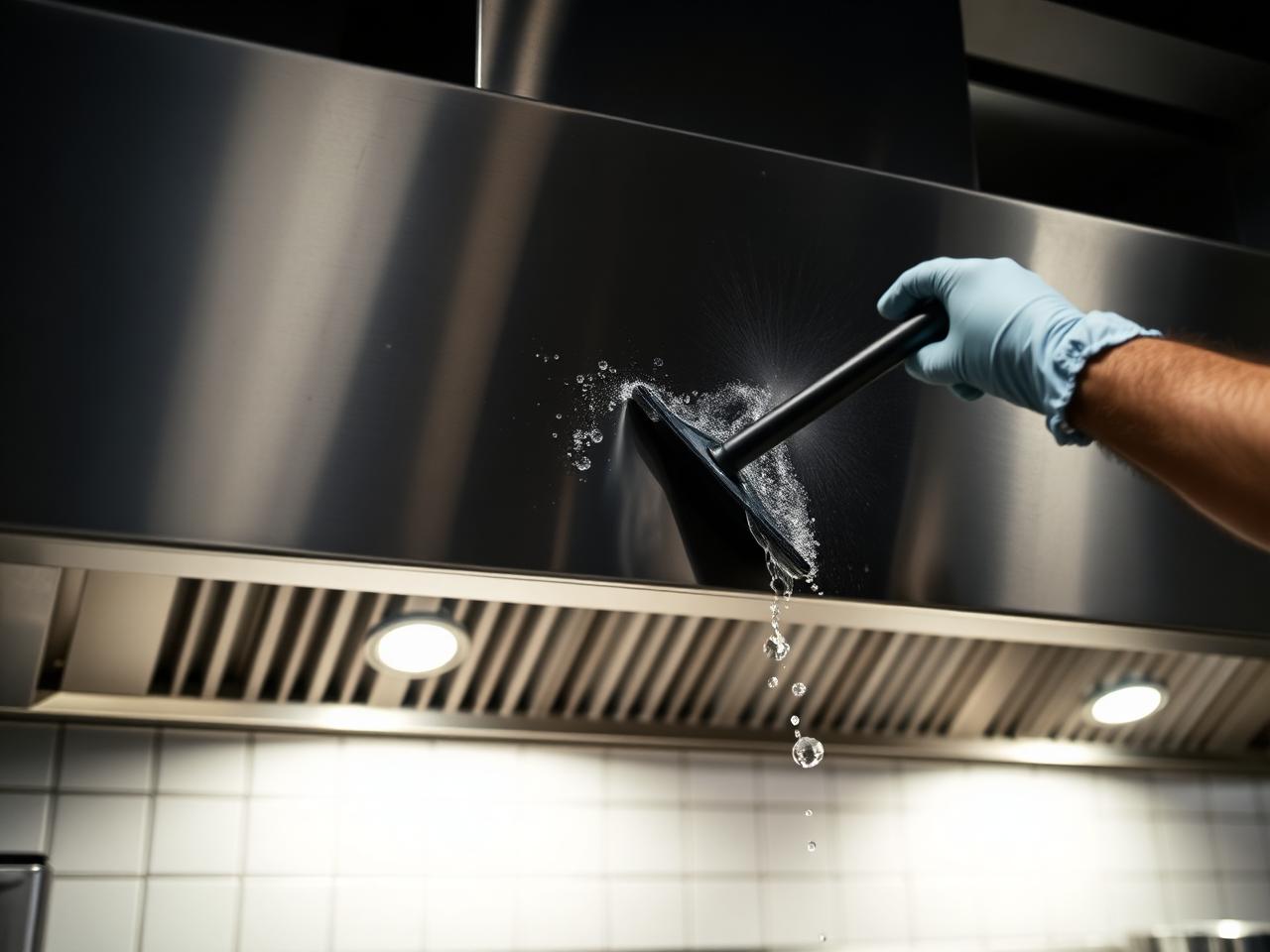 Technician cleaning a stainless steel commercial kitchen exhaust hood