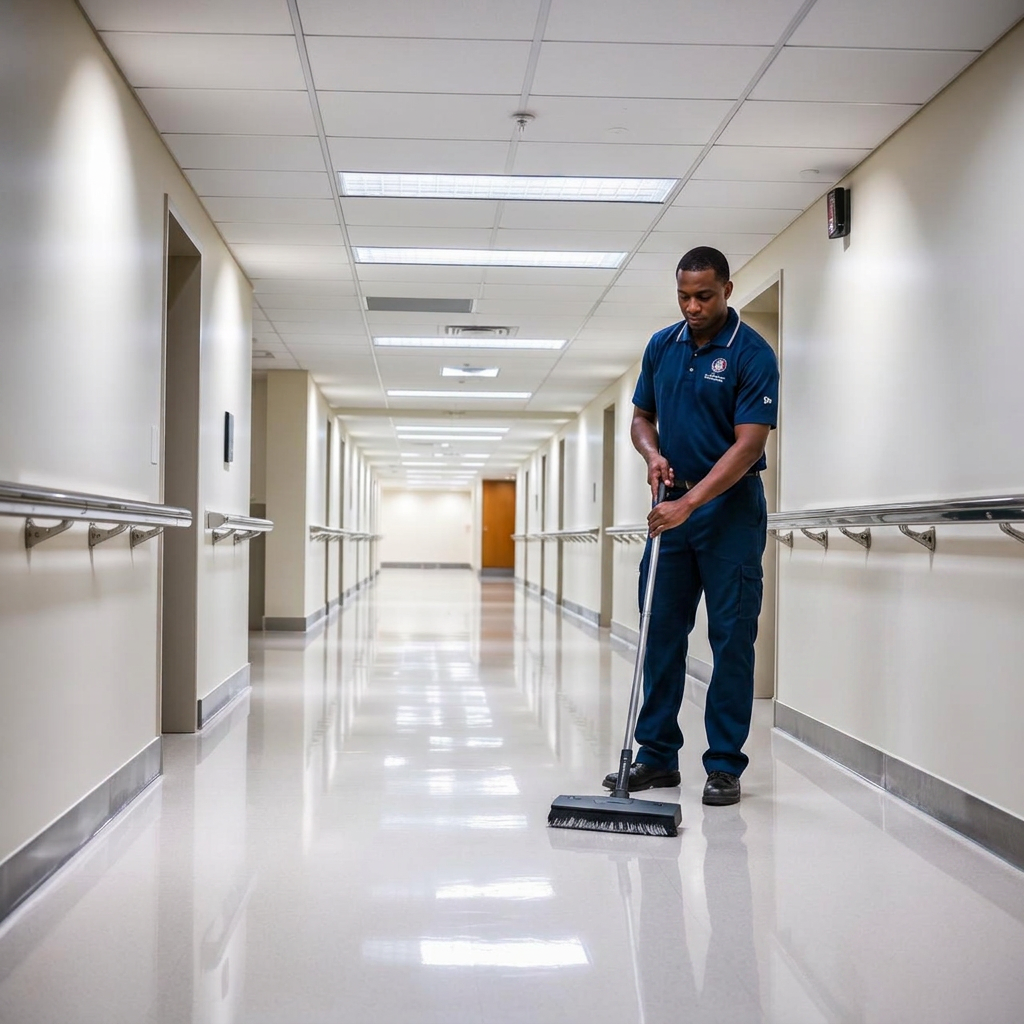 Spotless medical facility hallway with polished floors and stainless steel handrails
