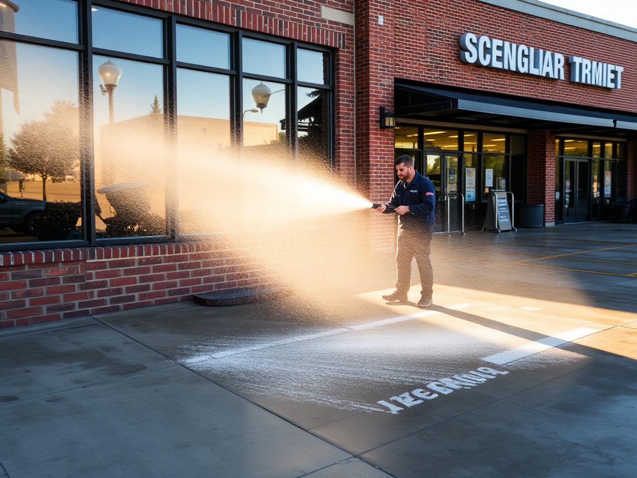 Pressure washing a concrete sidewalk outside a commercial building