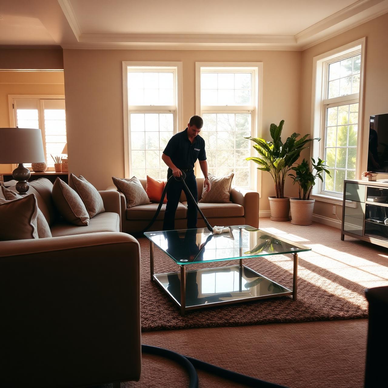 Sunlit, freshly cleaned residential living room with neatly arranged furniture